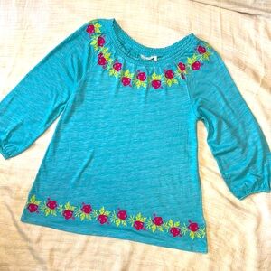 Soft Surroundings Dream Trip, Off Shoulder Marine Teal Tunic Top size L, EUC